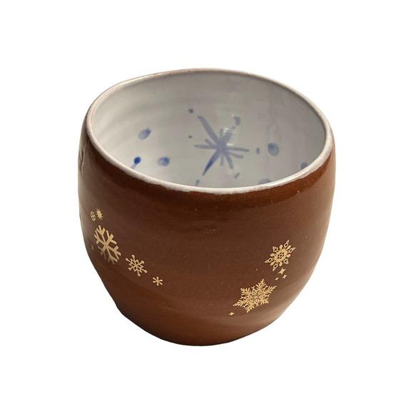 Blue & White Bowl with Snowflakes in Blue and Silver on Terracotta Pottery - Picture 1 of 10